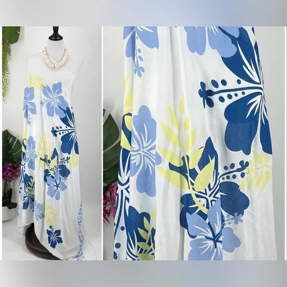 White Blue Yellow Tropical Hibiscus MAXI SARONG Kīkepa Pareo Beach Wrap Skirt - Picture 2 of 4